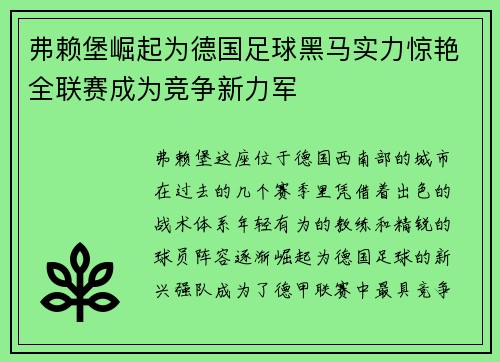 弗赖堡崛起为德国足球黑马实力惊艳全联赛成为竞争新力军