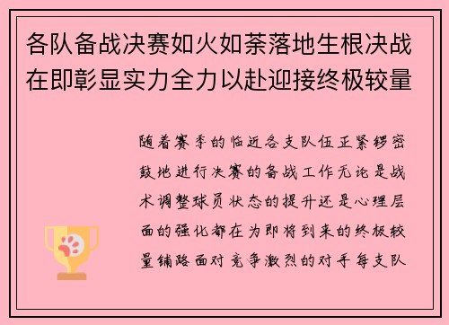 各队备战决赛如火如荼落地生根决战在即彰显实力全力以赴迎接终极较量