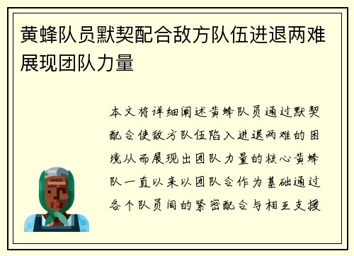 黄蜂队员默契配合敌方队伍进退两难展现团队力量