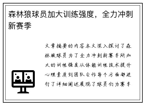 森林狼球员加大训练强度，全力冲刺新赛季