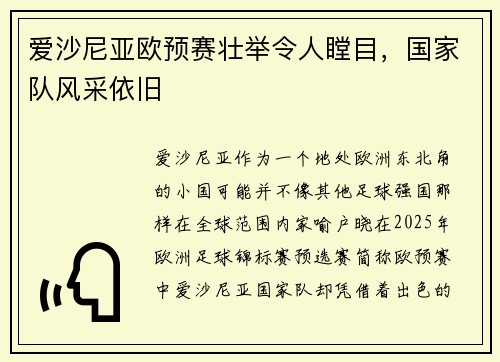 爱沙尼亚欧预赛壮举令人瞠目，国家队风采依旧