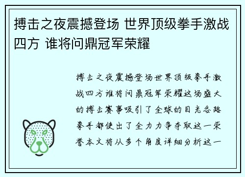 搏击之夜震撼登场 世界顶级拳手激战四方 谁将问鼎冠军荣耀