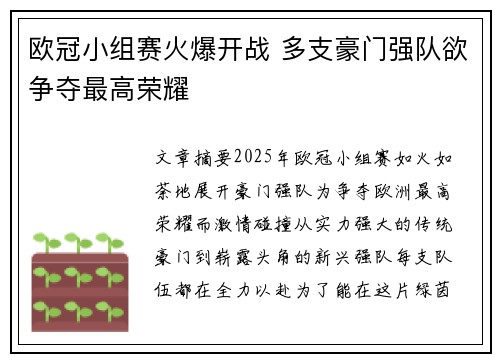 欧冠小组赛火爆开战 多支豪门强队欲争夺最高荣耀