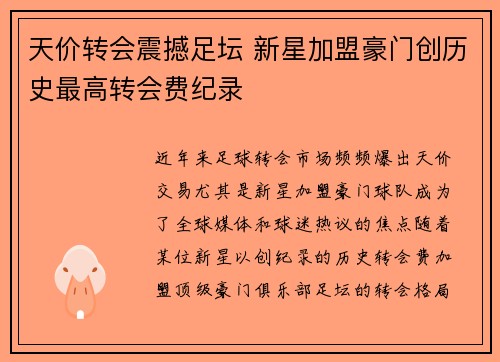 天价转会震撼足坛 新星加盟豪门创历史最高转会费纪录